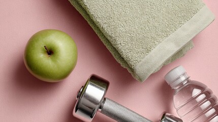Fitness essentials including a green apple, dumbbell, water bottle, and towel on a pink background for workout motivation