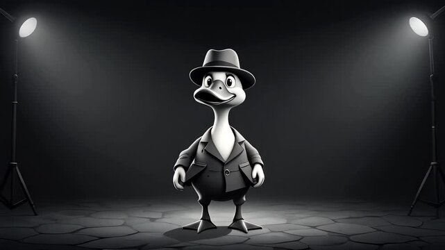 Monochrome Cartoon Duck Detective Character in the Spotlight.