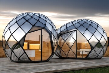 Spherical, mirrored modern living pods sit on a wooden platform