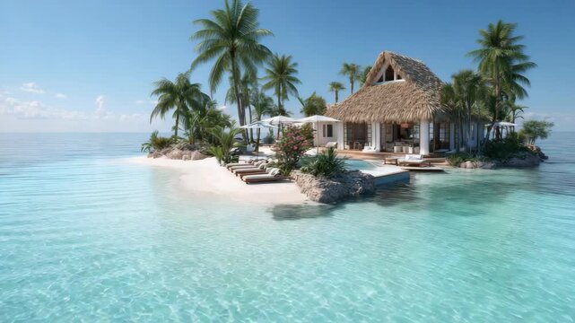 Luxury tropical island getaway with a thatched roof villa and turquoise water