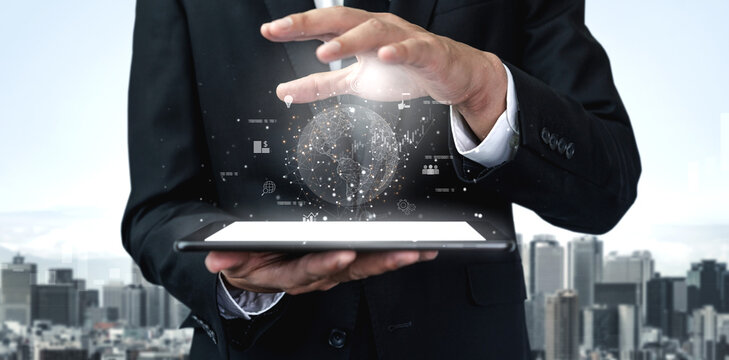 Global business network connecting digital economy and data exchange. Global business expands market, business shares data, global drives finance, and global business supports insight. Vouch