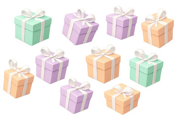 Obraz premium Group of stylized gift boxes in soft pastel colors, tied with white ribbons, perfect for surprising and celebrating