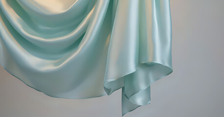 Elegant close-up of flowing mint green satin fabric with soft folds and a glossy texture. Gentle light reflections create a luxurious, delicate, and minimal aesthetic ideal for design background use