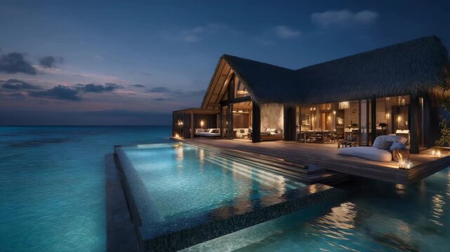 Luxury overwater bungalow with private pool at sunset in the Maldives