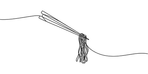 Single Line Art Eating Chopsticks Holding Noodles Mid Air. Asian Food Meal Minimalis