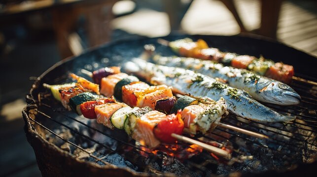 Delicious seafood and vegetable skewers grilling at a sunny outdoor barbecue gathering by the beach