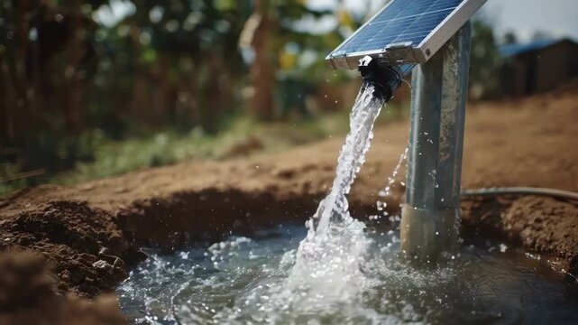 Medium shot of a solarpowered pump drawing water from a deep well showcasing sustainable energy technology for remote water access in rural settings.