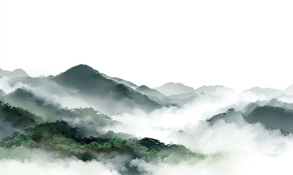 Smoky mountains layered in muted greens and whites, hazy landscape