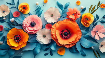 Delicate floral arrangement featuring vibrant poppies in full bloom on a serene blue background for spring designs and botanical themes
