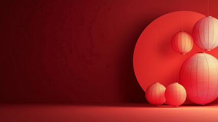 Red paper lanterns create a warm and inviting atmosphere against a solid red background in a cozy setting