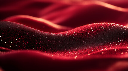 Sparkling red fabric waves creating a rich, textured surface in soft light during an elegant evening setting