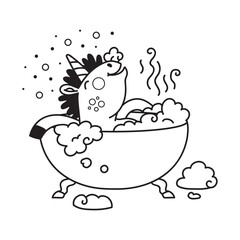 Cute unicorn takes a bubble bath coloring vector illustration