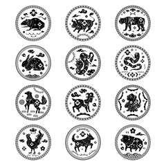 Chinese animal badges png black new year design elements set