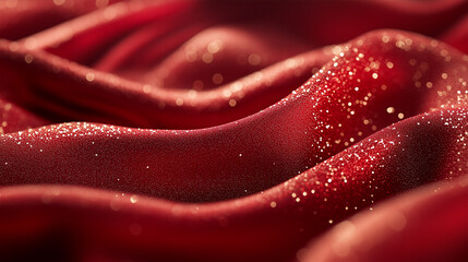 Elegant red fabric with sparkling texture flowing smoothly under soft light