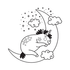 Cute unicorn dreaming on a moon coloring vector illustration