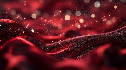 Glittering red waves with soft bokeh lights in a dreamy, abstract setting for a festive mood