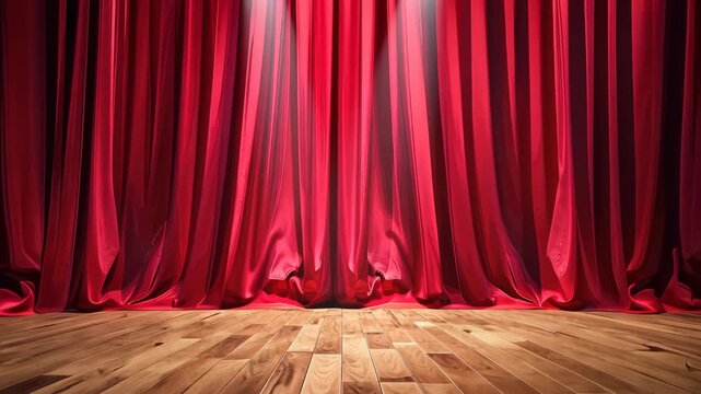 Velvet Curtain and Spotlight: An elegant, red velvet curtain, illuminated by spotlights, hangs majestically above a warm, wooden floor, inviting viewers into a world of drama, performance.