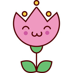 Cute Pink Flower Cartoon Character With Green Leaves And Yellow Dots On White Background Simple Vector Illustration
