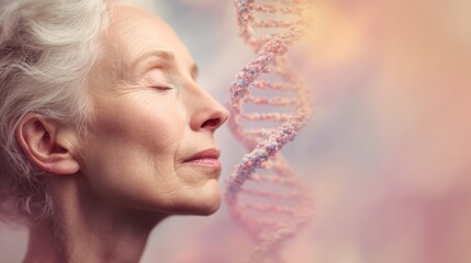 Woman with gray hair and closed eyes reflects on DNA structure in soft pastel colors during a peaceful moment of contemplation
