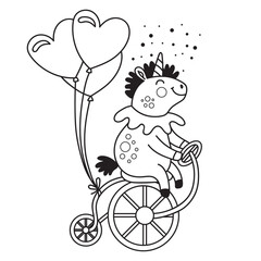Cute unicorn on a bike with a heart balloons coloring illustration