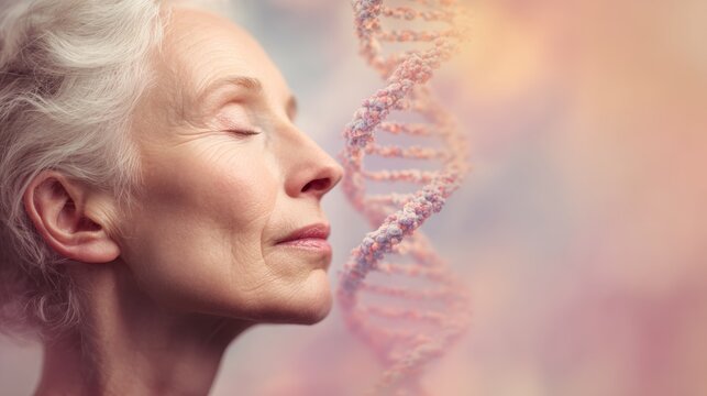 Woman with gray hair and closed eyes reflects on DNA structure in soft pastel colors during a peaceful moment of contemplation