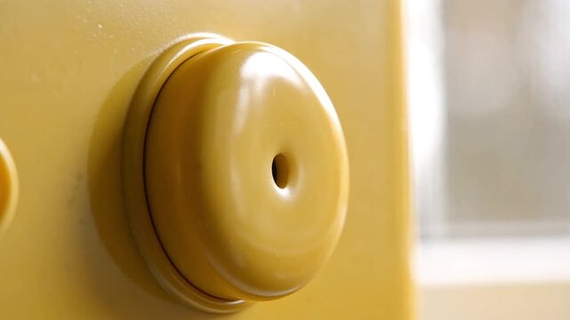Close up of a hand with a finger pressing down on a large, smooth, circular, yellow plastic button or buzzer against a bright white background
