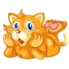 Cute Orange Cartoon Kitten with Blue Eyes and Pink Paw Pads Lying Down with Paws Up in Playful Pose Transparent Background