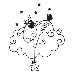 Cute unicorn on a cloud holding a star coloring vector illustration