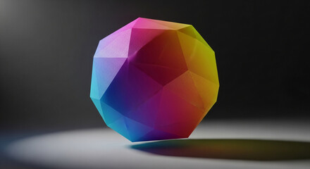 Abstract 3D geometric object with a vibrant rainbow gradient, casting a shadow on a clean illuminated background