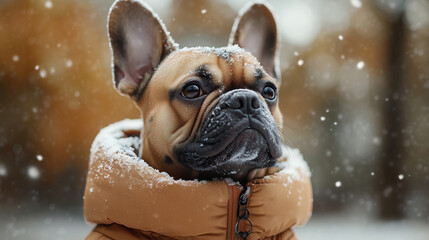 French bulldog enjoying snowy weather while wearing a cozy jacket in a winter landscape