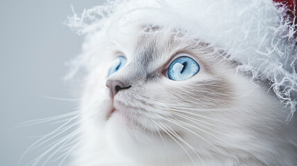 Fluffy white cat with blue eyes wearing a festive red and white Santa hat during the holiday season