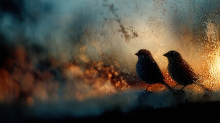 A cinematic slow zoom toward a window where condensation glows in afternoon light while outside sparrows perch together evoking connection and peace