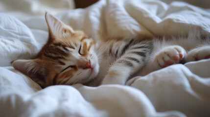 Cute sleeping kitten snuggled in soft white bedding on a cozy morning