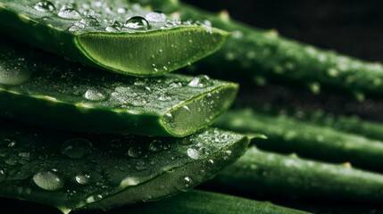 Fresh aloe vera leaves glisten with water droplets in a close-up view capturing their vibrant green color
