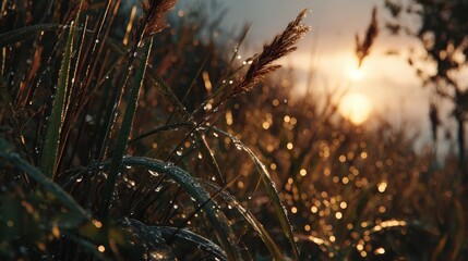 A soft focus cinematic capture of a sunrise illuminating dew on grass as birds awaken symbolizing the hopeful tone of hopecore storytelling