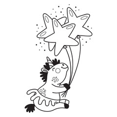Cute unicorn holding a star balloons coloring vector illustration