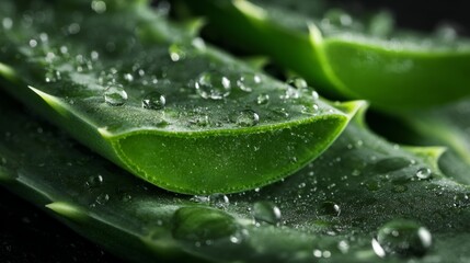 Close-up view of fresh aloe vera leaves with water droplets in natural light during morning hours