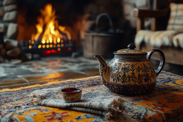 Warm tea served by the fireplace in a cozy cabin during a winter evening
