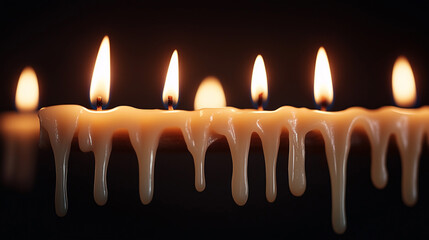 Five glowing candles with wax dripping, creating a warm and serene atmosphere in a dark setting