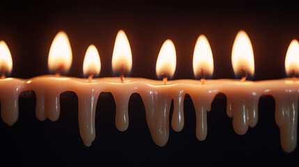 Dripping wax from lit candles arranged in a row on a dark background creates a serene and warm atmosphere