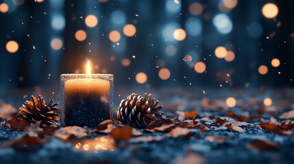 Candle glowing warmly among pine cones and autumn leaves in a tranquil outdoor setting at dusk