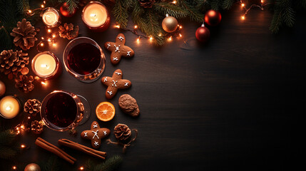 Holiday celebration with drinks, cookies, and candles on a cozy table decorated for winter festivities