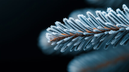 Frost-covered pine branch captures the beauty of winter in a close-up view set against a dark background
