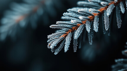 Frosted pine needle glistens in morning light, showcasing winter's delicate beauty on a cold day