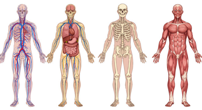 A detailed vector illustration showcases the human anatomy, depicting the skeletal, muscular, circulatory, and internal organ systems, perfect for educational and medical applications.