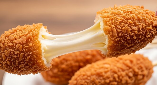 Close up of a delicious mozzarella corn dog being pulled apart, revealing a gooey cheese stretch