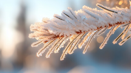 Frost-covered pine branch glistens in the winter sun during a serene morning in the forest