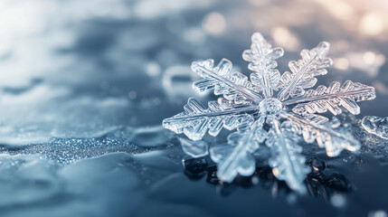 Snowflake resting on a shiny surface with water droplets during winter