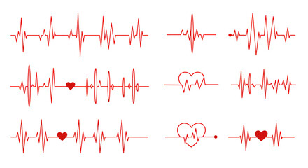 A diverse set of red heartbeat lines and electrocardiogram waveforms, some incorporating small heart symbols, illustrating vital signs and medical health.