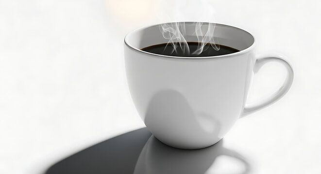 A steaming cup of dark coffee in a white mug on a white surface with a dark shadow underneath it